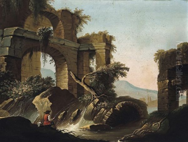 Flusslandschaft Mit Ruinen Und Anglern (+ Another, Similar; Pair) Oil Painting by Charles-Louis Clerisseau