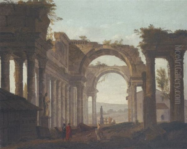 Personnages Dans Un Paysage De Ruines Oil Painting by Charles-Louis Clerisseau