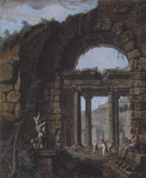 A Ruined Classical Villa With Figures Dancing Oil Painting by Charles-Louis Clerisseau