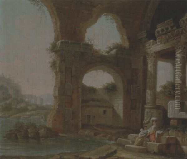 An Architectural Capriccio With Washerwomen By A River Oil Painting by Charles-Louis Clerisseau