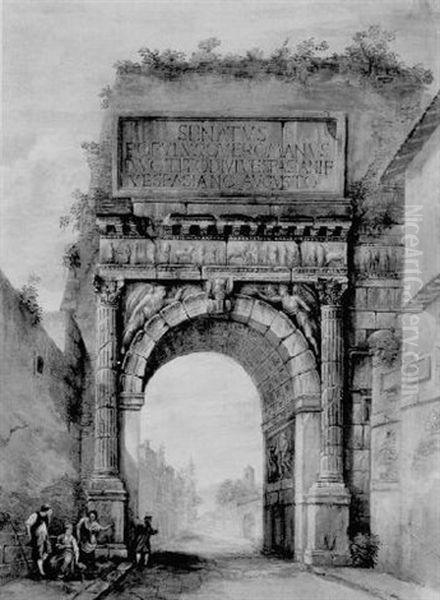 The Arch Of Titus With Figures Oil Painting by Charles-Louis Clerisseau