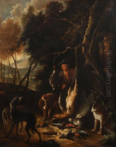 Chasseur Montrant Son Trophee De Chasse Dans Un Sous-bois Oil Painting by Andien de Clermont