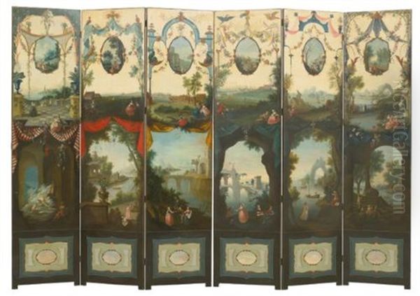 Decorative Screens Showing Scenes Elegant Figures Promenading In Landscapes And Medallions With Putti, Framed By Drapery And Garlands Of Flowers (pair) Oil Painting by Andien de Clermont