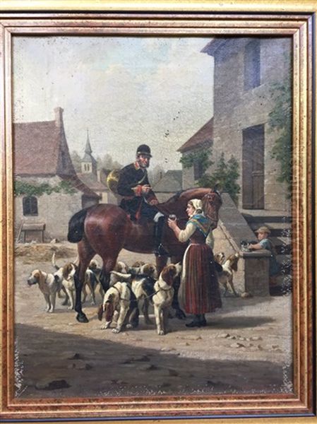 Piqueux Et Ses Chiens Au Village Oil Painting by Adhemar Louis de (Vicomte) Clermont-Gallerande