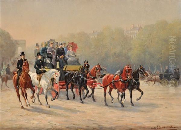 Fiacre Sur Les Champs-elysees En 1900 Oil Painting by Adhemar Louis de (Vicomte) Clermont-Gallerande