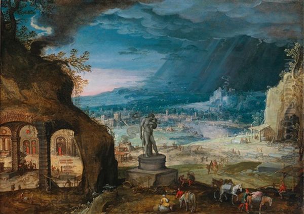 An Extensive Landscape With A Statue Of Saturn Oil Painting by Hendrick van Cleve III