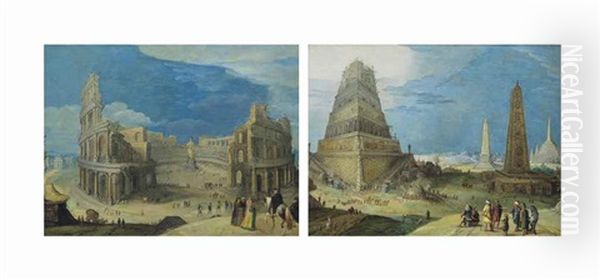 Figures Before The Colosseum In Rome; And Nimrod Supervising The Construction Of The Tower Of Babel (pair) Oil Painting by Hendrick van Cleve III