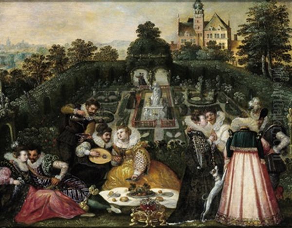 Elegante Gesellschaft Bei Musik Und Erfrischungen In Einem Renaissancegarten, Im Hintergrund Ein Schloss Oil Painting by Hendrick van Cleve III