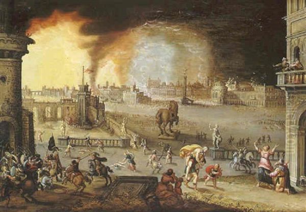 Enee Et Anchise Fuyant La Ville De Troie Oil Painting by Hendrick van Cleve III