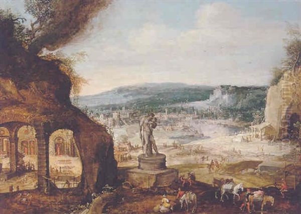 Landscape With A Statue Of Saturn Outside A Forge, A City And Port Beyond Oil Painting by Hendrick van Cleve III