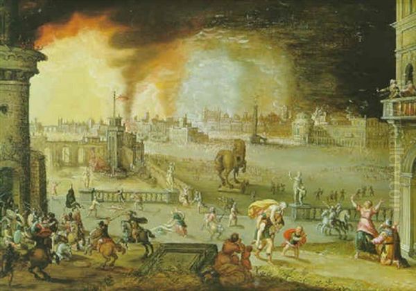 Enee Et Anchise Fuyant La Ville De Troie Oil Painting by Hendrick van Cleve III