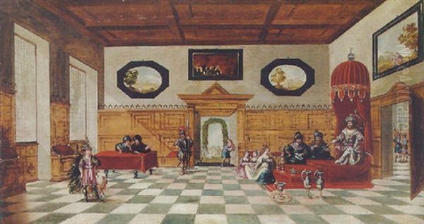 The Interior Of A Palace With Esther Before Ahasuerus Oil Painting by Hendrick van Cleve III