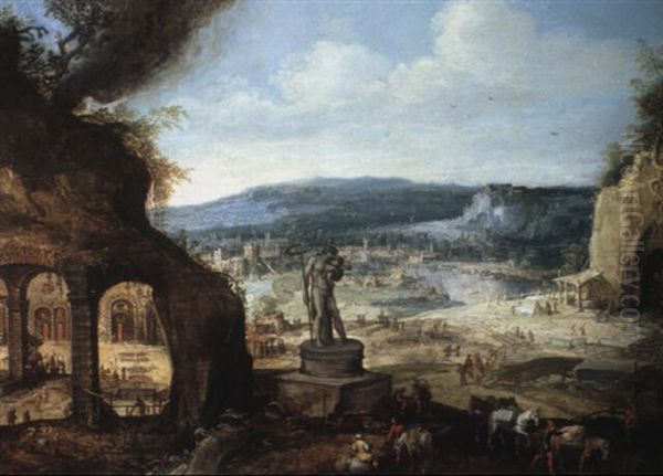 Landscape With A Statue Of Saturn Outside A Forge Oil Painting by Hendrick van Cleve III