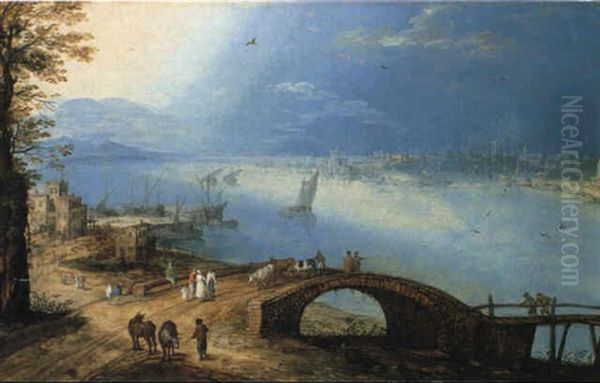 Capriccio With Peasants And Cattle On A Bridge By A Harbour Oil Painting by Hendrick van Cleve III