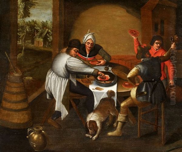 Peasants Feeding Spanish Soldiers Oil Painting by Marten van Cleve the Elder