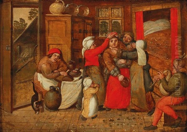 Preparing For The Bridal Bed Oil Painting by Marten van Cleve the Elder