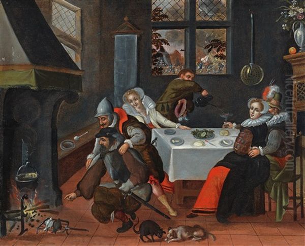 A Guardroom Interior With Mixed Company Oil Painting by Marten van Cleve the Elder