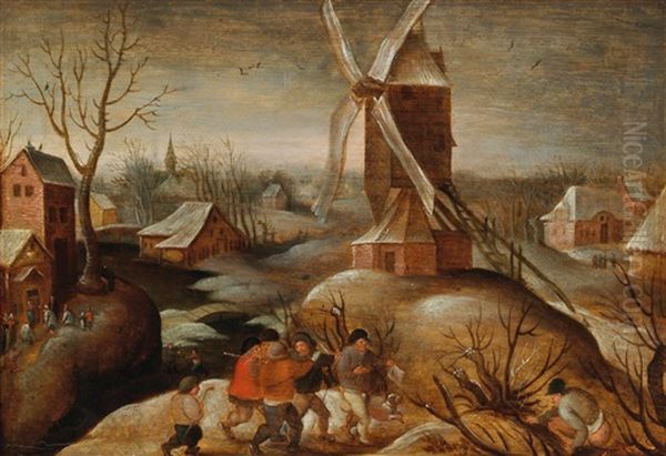 A Winter Landscape With Peasants Oil Painting by Marten van Cleve the Elder