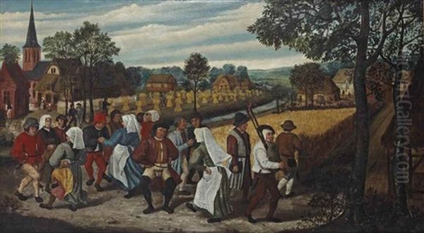 A Procession Of Figures Dancing Behind A Bagpipe Player, Before A Field With Sheaves Of Corn, A Village Beyond Oil Painting by Marten van Cleve the Elder