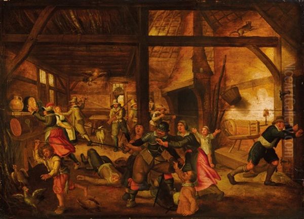 Soldiers Raiding A Farmhouse Oil Painting by Marten van Cleve the Elder