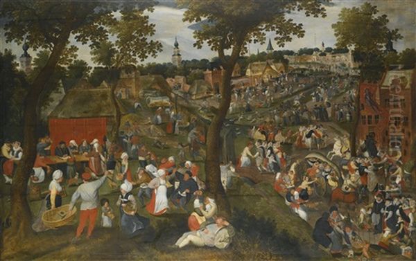 A Village Celebrating The Kermesse Of Saint Sebastian, With An Outdoor Wedding Feast With Guests Bringing Gifts Oil Painting by Marten van Cleve the Elder