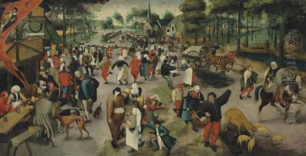 Saint George's Day: A Village Kermesse With Figures Dancing And Merrymaking, Others Drinking Before An Inn At The Sign Of The Horn Oil Painting by Marten van Cleve the Elder