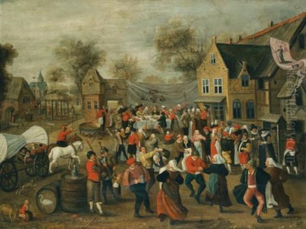 A Village Wedding Feast Oil Painting by Marten van Cleve the Elder