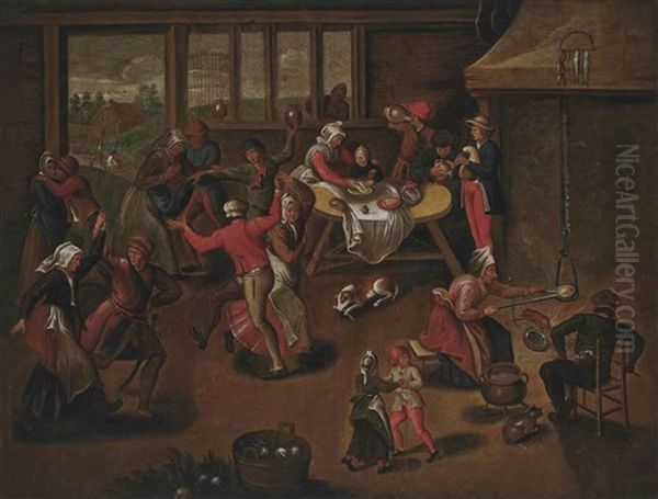 Peasants Feasting In An Interior Oil Painting by Marten van Cleve the Elder