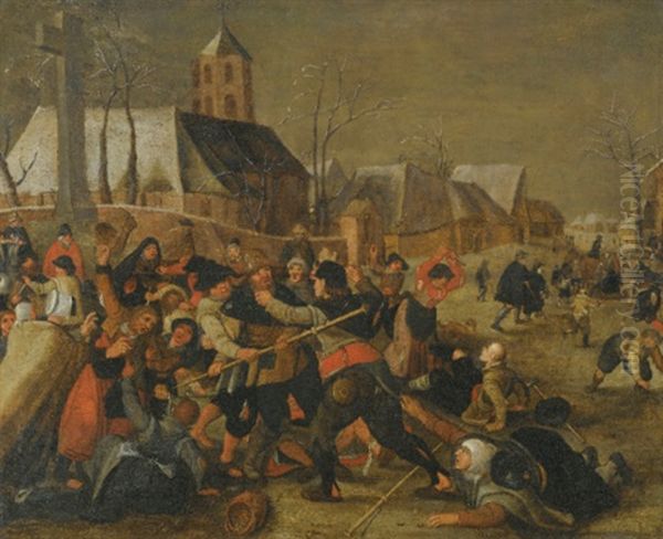 A Winter Landscape With A Peasant Brawl Near A Church Oil Painting by Marten van Cleve the Elder