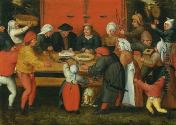 The Bestowing Of Gifts On The Newly Wedded Couple Oil Painting by Marten van Cleve the Elder