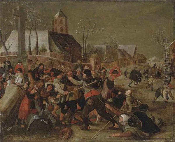 A Winter Landscape With Villagers Brawling Near A Church Oil Painting by Marten van Cleve the Elder