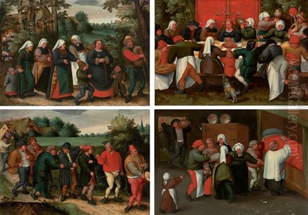 The Procession Of The Bride (+ 3 Others; Set Of 4) Oil Painting by Marten van Cleve the Elder