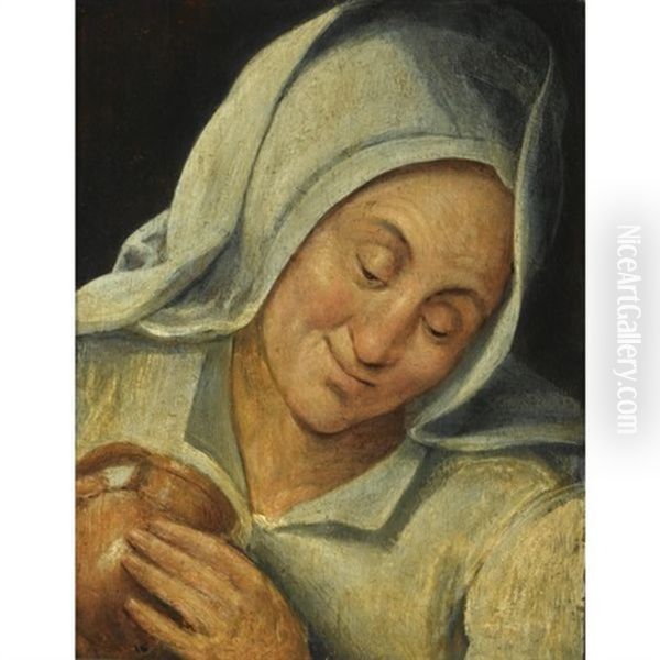 Peasant Woman Holding A Mug Oil Painting by Marten van Cleve the Elder