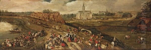 An Extensive Landscape With Peasants On A Track Near A River Oil Painting by Marten van Cleve the Elder