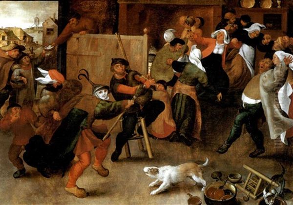 Peasants Singing, Dancing And Drinking In An Interior Oil Painting by Marten van Cleve the Elder