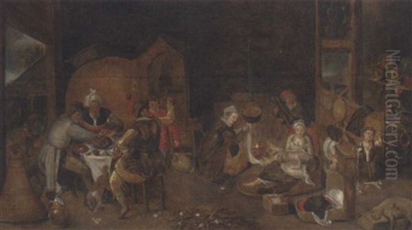 Peasants Eating And Drinking In A Kitchen Interior Oil Painting by Marten van Cleve the Elder