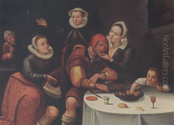 A Peasant Sitting At A Table Being Courted And Robbed By Three Young Ladies, An Old Spinster In The Background And A Boy Picking Fruit From The Table Oil Painting by Marten van Cleve the Elder