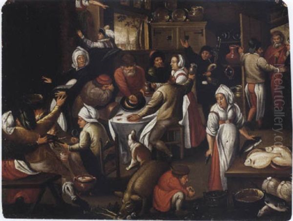 Peasants Feasting And Making Music In An Inn Oil Painting by Marten van Cleve the Elder