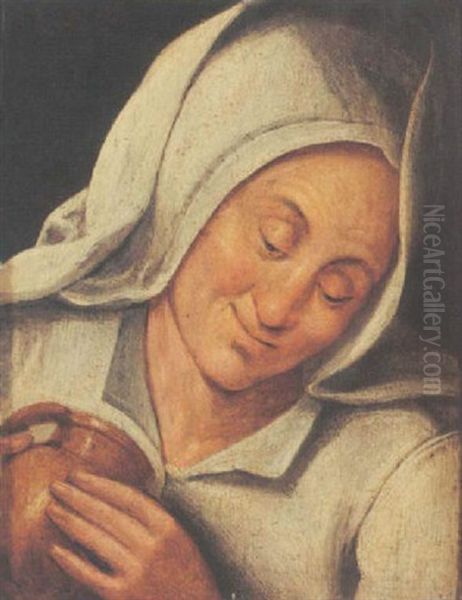 Peasant Woman Holding A Jug Oil Painting by Marten van Cleve the Elder