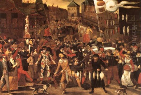 Carnaval Contre Careme (combat Des Poissonniers Contre Les Charcutiers) Oil Painting by Marten van Cleve the Elder