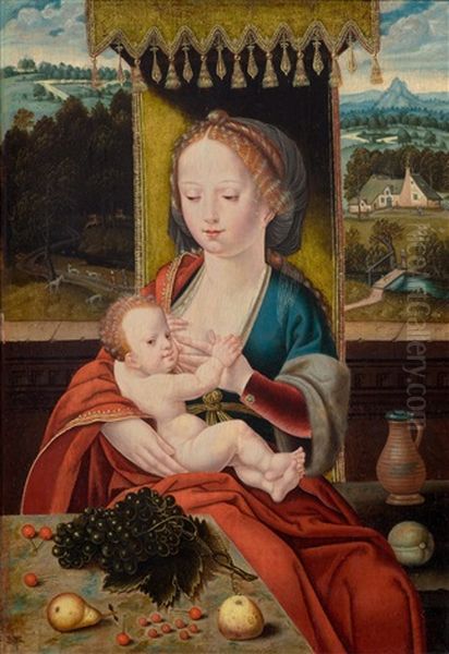 Madonna And Child Under A Canopy Before A Landscape (maria Lactans) Oil Painting by Joos Van Cleve