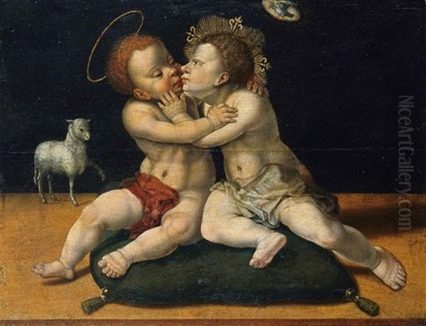 The Young Christ And John The Baptist Kissing Oil Painting by Joos Van Cleve