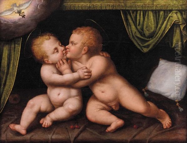 Das Christuskind Und Der Kleine Johannes Sich Umarmend Oil Painting by Joos Van Cleve