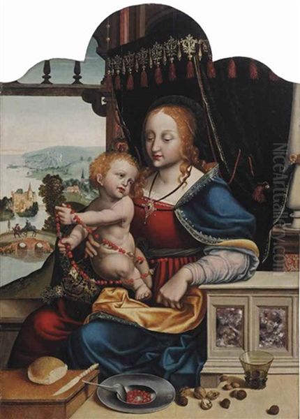 Madonna And Child With A Rosary, Seated Before A Landscape With The Flight To Egypt, A Ledge With A Roll Of Bread, A Tin Plate With Strawberries, Various Nuts And A Glass In The Foreground Oil Painting by Joos Van Cleve