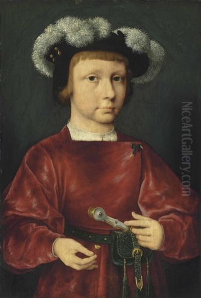 Portrait Of A Young Nobleman, Small Half-length, In A Crimson Doublet, Wearing A Plumed Beret, Holding A Daisy Oil Painting by Joos Van Cleve