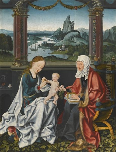 The Virgin And Child With Saint Anne Before A Landscape Oil Painting by Joos Van Cleve