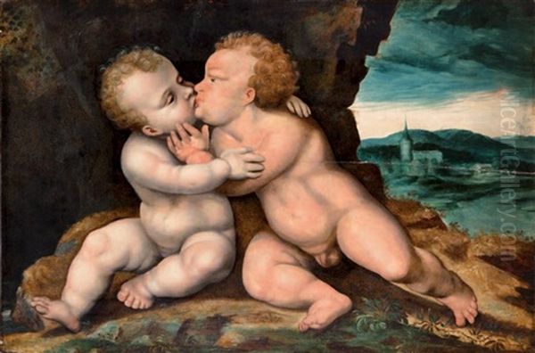 Le Baiser De L'enfant Jesus Et Saint Jean Oil Painting by Joos Van Cleve