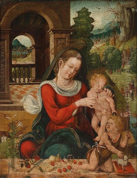 Madonna Mit Kind Und Dem Johannesknaben Vor Landschaftshintergrund Oil Painting by Joos Van Cleve