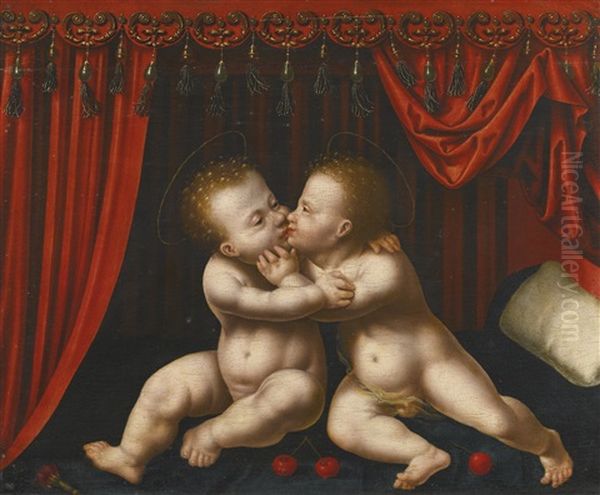 The Infants Christ And John The Baptist Embracing Oil Painting by Joos Van Cleve