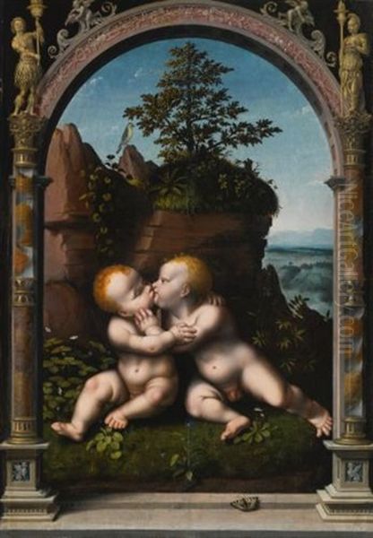 The Infant Christ And Saint John The Baptist As Children Embracing In A Landscape, Surrounded By A Classical Archway by Joos Van Cleve